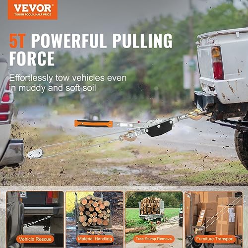 VEVOR Come Along Winch, 5 Ton (11,023 lbs) Pulling Capacity, 11.5 ft Steel Cable, 3 Hooks, Heavy Duty Ratchet Power Puller Tool with Dual Gears, Automotive Hoist Cable Puller Ideal for Vehicle Rescue - size: 5 Ton