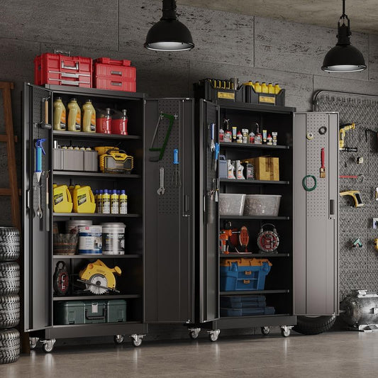 Aobabo Metal Garage Storage Cabinet with Wheels and Door Pegboard - color: Black, size: 16"D x 32"W x 71"H
