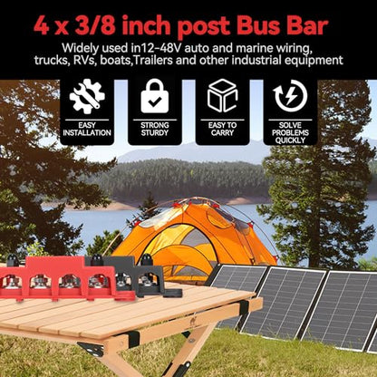 Heart Horse Bus Bar 12V-48V 250A Power Distribution Block 4 x 3/8"(M10) Heavy Duty Studs Terminal Marine 12V Battery Bus Bar Junction Block for Automotive,Car,RV,Boat,Solar Wiring (Red+Black) - size: 3/8''