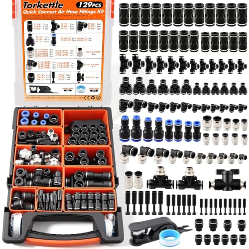 130 PCS Air Hose Fitting Kit 1/4 3/8 1/2in OD Black NPT PBT Push to Connect - color: Black