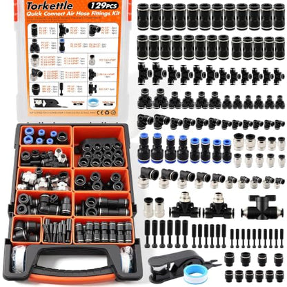 130 PCS Air Hose Fitting Kit 1/4 3/8 1/2in OD Black NPT PBT Push to Connect - color: Black
