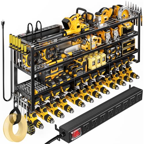 POKIPO Power Tool Organizer Wall Mount with Charging Station, 4 Tier Tool Battery Storage Rack Built in 8 Outlet Power Strip for Garage, 49" W, Black - color: Black, size: 49" W
