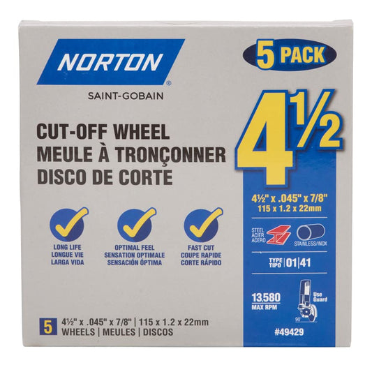 Norton 4-1/2-Inch Cut Off Wheels, Pack of 5 - Aggressive Cutting Discs for Angle Grinder, General Purpose Cutting for Metal & Stainless Steel - style: Pack of 5