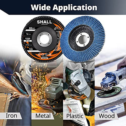 SHALL 24-Pack Flap Disc, 4-1/2" x 7/8", Zirconia Grinding Wheel 40/60/80/120 Grit T29 & 40 Grit T27 Angle Grinder Abrasive Sanding Disc with Etched Grit Number Indication, 80pcs Emery Cloth Per Disc