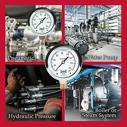 Winters 2-1/2" Dial Size, Liquid Filled Industrial Pressure Gauge, Brass Internals, 304 Stainless Steel Case, Single Scale 0-160 psi, 1.5% Acc, 1/4" NPT Bottom Mount, Glycerin Filled Pressure Gauge - style: 0/160 PSI