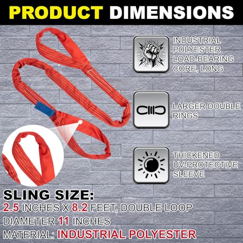 2 Pcs 8.2 Foot Eye and Eye Polyester Round Lift Sling, Choker 11000 Lb, Vertical 5500 Lb, Heavy Duty Straps, Double Loop Diameter 11 in, Red