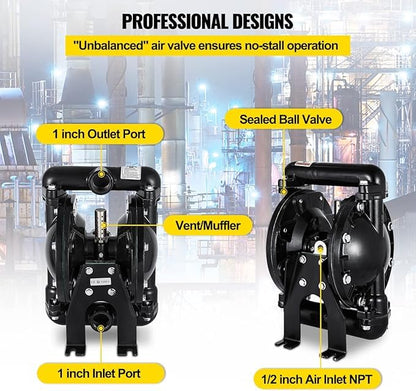VEVOR Air-Operated Double Diaphragm Pump 1 inch Inlet Outlet Aluminum 22 GPM Max 100PSI, Nitrile Diaphragm, QBY4-25L-1inch-22 - size: 22GPM