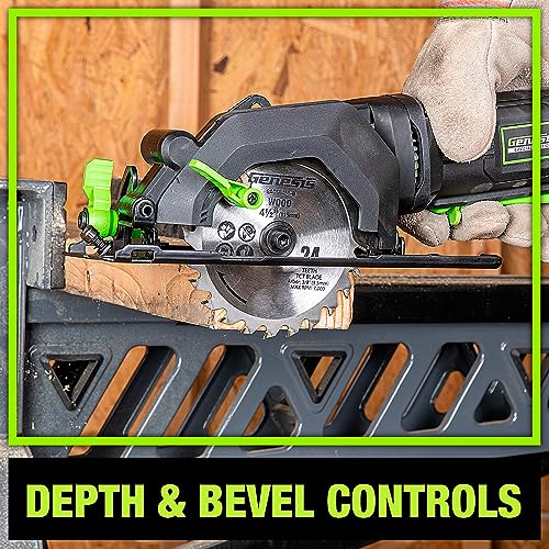 Genesis GCS445SE 4.0A 4-1/2-Inch Compact Circular Saw | 24T Carbide-Tipped Blade | 3,500 RPM | 45° Bevel | Depth Adjustment | Parallel Guide | Vacuum Adapter - style: Mini Circular Saw 4-1/2"