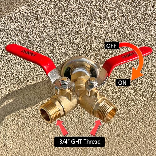 HQMPC Garden Hose Y Valve Splitter With Stainless Steel Long Handle - Brass 2 Way Water Adapter, 3/4" GHT Thread - size: 0.75 Inch