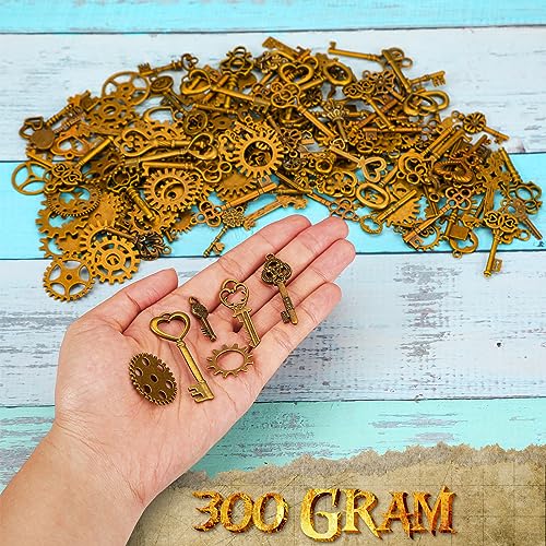 Hicarer 300 Gram Gears Charms, Nautical Anchor Rudder Helm Compass Charms Pendant, Bulk Mixed Antique Bronze Gears Steampunk, Clock Watch Cog Wheel for DIY Necklace Bracelet Jewelry Making Accessories - style: Key Style