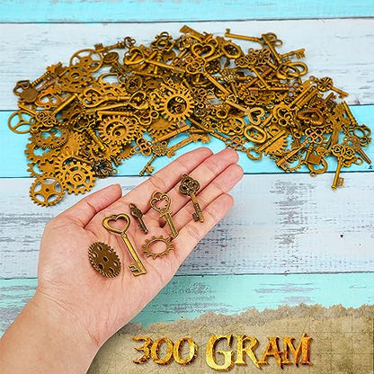 Hicarer 300 Gram Gears Charms, Nautical Anchor Rudder Helm Compass Charms Pendant, Bulk Mixed Antique Bronze Gears Steampunk, Clock Watch Cog Wheel for DIY Necklace Bracelet Jewelry Making Accessories - style: Key Style