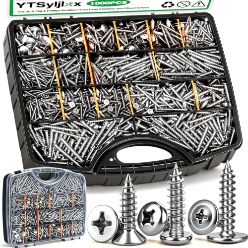 1000PCS Wood Screws Assortment Kit,#8/M3/M4/M5/M6 Assorted 304 Stainless Steel Marine Grade Screws,Pan & Flat & Phillips Truss Head Assorted Screws(1/2" to 2" Length) - color: Silver-1000PCS