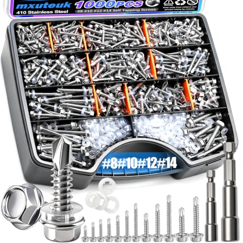 mxuteuk 1000PCS #14#12#10#8 Self Tapping Screws,410 Stainless Steel - size: SV 1000PCS #8 #10#12#14 Kit