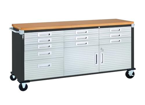 Seville Classics UltraHD Heavy Duty Rolling Cabinet Workbench Table w/Solid Wood Top, Workstation for Garage, Warehouse, Office, Workshop, 77" W x 20" D x 37.5" H, Graphite, 11-Drawer - color: Graphite, size: 11-Drawer